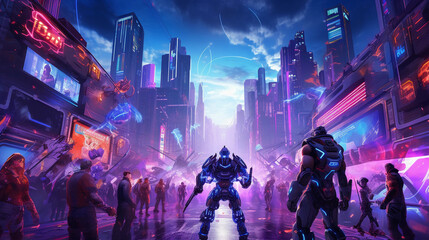 Fototapeta na wymiar Cybernetic warriors battling in an e - sports tournament, neon lights, futuristic cityscape background, vibrant, high contrast, video game poster style, action - packed