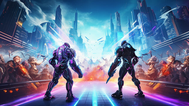 Cybernetic warriors battling in an e - sports tournament, neon lights, futuristic cityscape background, vibrant, high contrast, video game poster style, action - packed