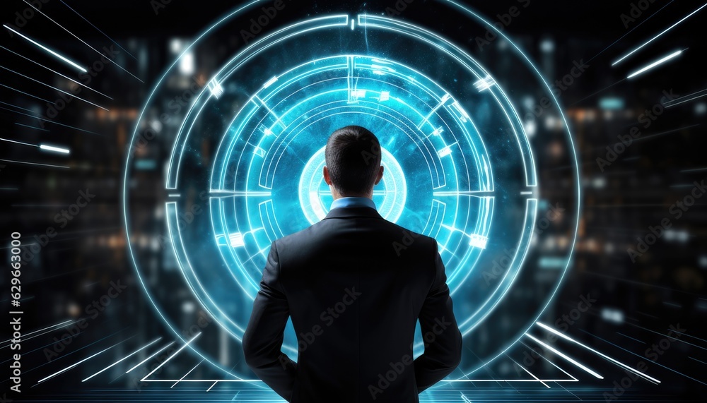 Poster businessman gesture protecting virtual blue dartboard with arrow ,business achievement objective tar