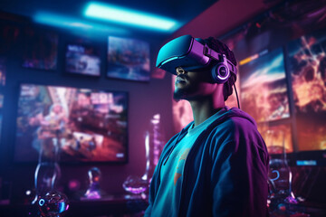 Fototapeta na wymiar a VR gamer, immersed in a sci - fi world, neon lights, holographic interface, in a cozy gaming room, dramatic side light