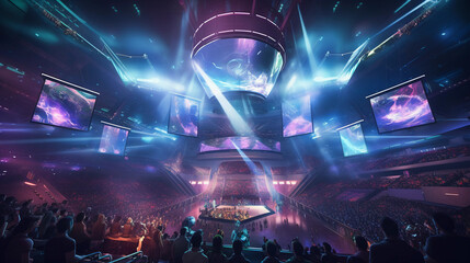 futuristic e - sports competition, arena full of spectators, dazzling lights, vibrant colors, players in hi - tech gaming pods, massive screen showing high octane action from a sci - fi game, epic, ci
