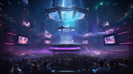 futuristic e - sports competition, arena full of spectators, dazzling lights, vibrant colors, players in hi - tech gaming pods, massive screen showing high octane action from a sci - fi game, epic, ci