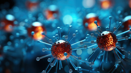 Luminous Intricacy: Close-Up of a Glowing Blue Virus. Generative AI