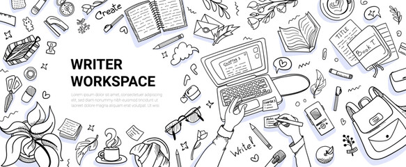 Writer workspace doodle set. Hand drawn elements, desk, laptop, diary, book, hands, pen and pencil for editor, journalist design template. Creative occupation desktop top view. Vector illustration