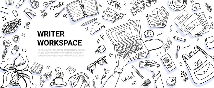 Writer workspace doodle set. Hand drawn elements, desk, laptop, diary, book, hands, pen and pencil for editor, journalist design template. Creative occupation desktop top view. Vector illustration