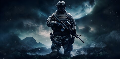 Army soldier with his gun on a dark background
created with Generative AI technology 
