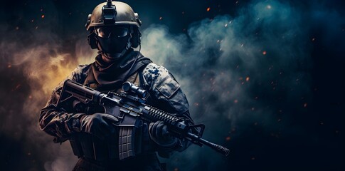 Fototapeta premium Army soldier with his gun on a dark background created with Generative AI technology 