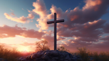 Heavenly Horizon, A 3D Illustration of a Cross Piercing the Sunset Sky with Clouds