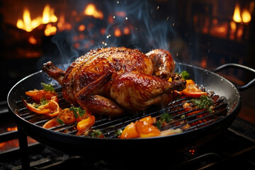 Fototapeta premium Grilled chicken with vegetables, barbecue with fire and smoke