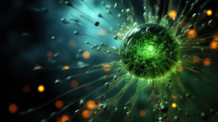 Radiant Intricacies: Close-Up of a Glowing Green Virus. Generative AI