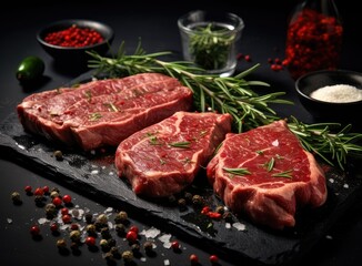 Two raw steak New York with rosemary and spices. Flat lay top view on black stone cutting table. Created with Generative AI technology.