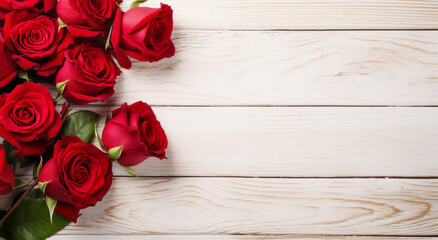 RED ROSES on white wooden background AI generative 