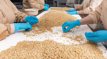 Manual controls quality of pine nuts on production line. Industrial factory of organic food cedar...