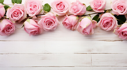 pink roses on white wooden background AI generative 