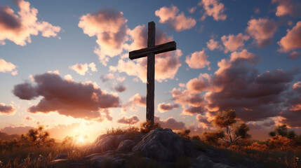 Heavenly Sunset, 3D Illustration of a Cross in the Clouds