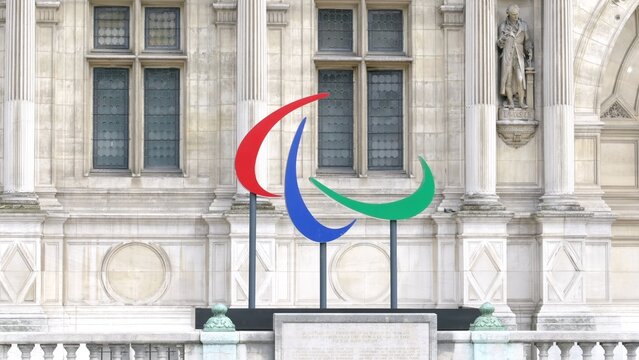 Paris 2024 Paralympic symbols at the entrance of the Hotel de Ville, the city hall of Paris, France