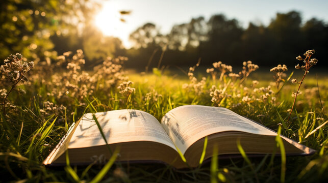 Sacred Scriptures resting upon lush greenery in peaceful nature