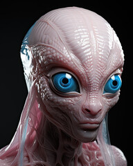 A Pink and Blue Alien Creature Portrait-Black Background
