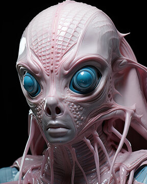 A Pink and Blue Alien Creature Portrait-Black Background