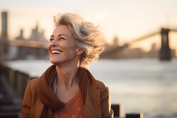 Obraz premium Beautiful smiling mature woman in sunglasses standing in street created with Generative AI technology 