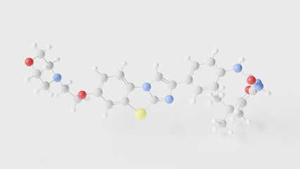 quizartinib molecule 3d, molecular structure, ball and stick model, structural chemical formula small molecule receptor tyrosine kinase inhibitor