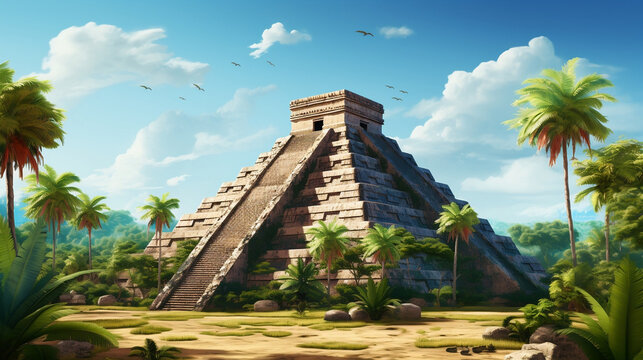 Ancient Mesoamerican Pyramid, Majestic Kukulcan El Castillo and Aztec Wonder