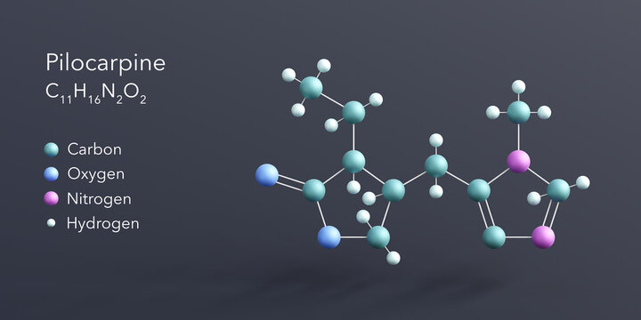 pilocarpine molecule 3d rendering, flat molecular structure with chemical formula and atoms color coding