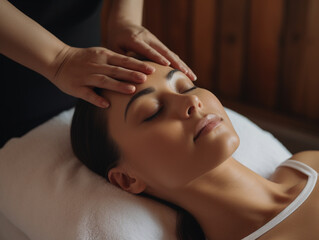 Obraz na płótnie Canvas A woman enjoying a head (scalp) massage at a spa, luxurious spa, relaxation 