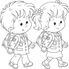 Happy little schoolchildren with schoolbags going to school, black and white vector cartoon for a coloring book page