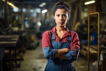Naklejka premium female factory worker posing looking at camera