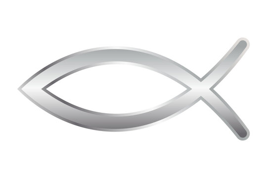 Silver colored sign of the fish symbol. Jesus fish, symbol of Christian art, consisting of 2 intersecting arcs, also called ichthys or ichthus, the Greek word for fish. Isolated illustration. Vector.