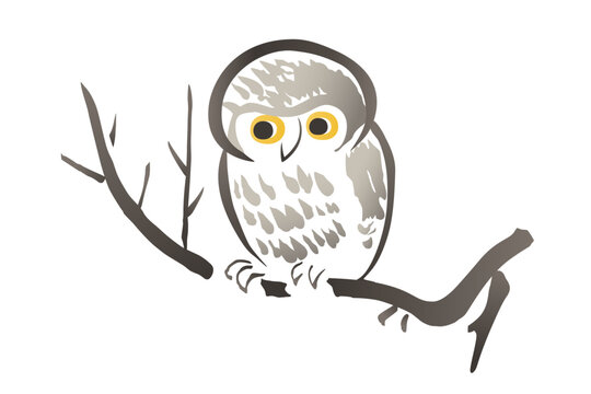 Owl sitting on a tree branch, in the style of Japanese watercolor painting with wide brush strokes. After a illustration in the Japanese book Choju ryakugashiki, published 1868 (Meiji period). Vector.