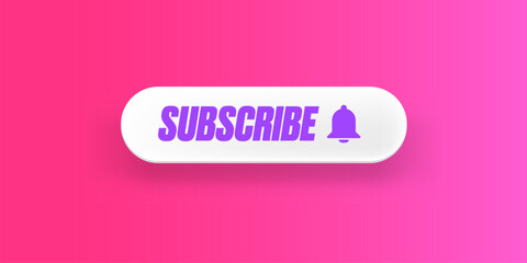 White paper subscribes button with ring bell isolated on stylish pink background. Subscribe banner template with white paper Subscribe video channel button