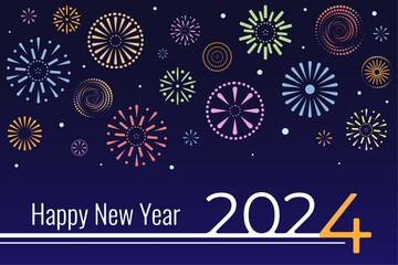 A card or banner with colourful fireworks for 2024 New Year, vector illustration