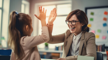 Joyful Elementary School Teacher Celebrating with Students