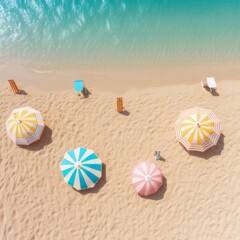 Fototapeta na wymiar Summer flat lay seashore concept with umbrellas, sea, sand and shore. Sunny hot day on vacation. Pastel background. Illustration. Generative AI.