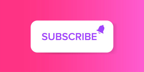 White paper subscribes button with ring bell isolated on stylish pink background. Subscribe banner template with white paper Subscribe video channel button