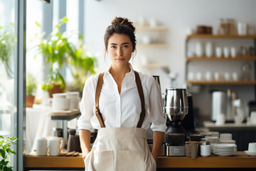 Portrait of confident female barista barista wearing apron working at the counter in cafe indoors