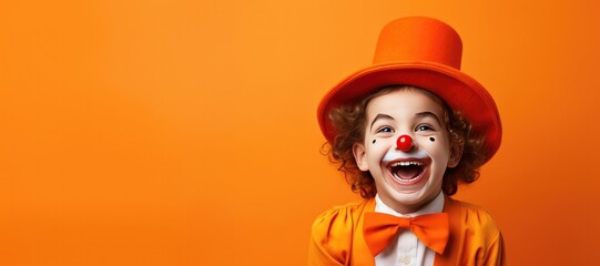 Cute Young Boy Dressed as a Clown for Halloween on a Green Banner with Space for Copy