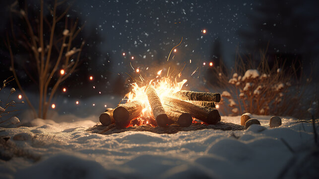 Bonfire in the winter forest at night with falling snow and stars. A winter scene with a campfire and fireworks. Exploring the wilderness in summer a glowing camp fire. Generative AI