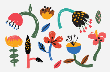 Bold abstract flowers, hand drawn blossoms and leaves. Floral elements. Modern bold floral elements set, minimal design, vector illustration. Leaves, flowers, grass branches berries