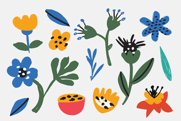 Bold abstract flowers, hand drawn blossoms and leaves. Floral elements. Modern bold floral elements set, minimal design, vector illustration. Leaves, flowers, grass branches berries