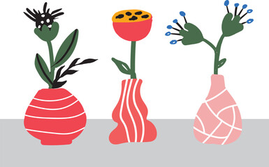 Bold abstract flowers, hand drawn blossoms and leaves in vases. Floral elements. Modern bold floral elements set, minimal design, vector illustration. Leaves, flowers, grass branches