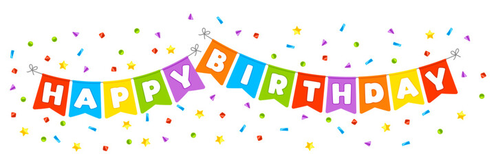 Happy Birthday flags. Party invitation with color garland.