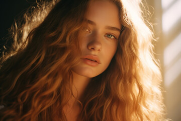Fototapeta premium portrait of a woman/model/book character in a close up with long blonde red hair in a fashion/beauty editorial advertisement magazine style film photography look redhead - generative ai art