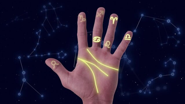 Constellation background with a palmistry hand