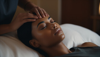 Obraz na płótnie Canvas A black woman enjoying a head (scalp) massage at a spa, luxurious spa, relaxation 