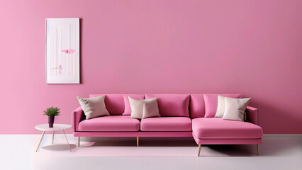 Pink living room with trendy sofa. minimalist design idea style in pastel tones