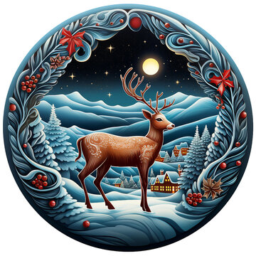 3d Christmas winter round sublimation sign, reindeer in christmas winter night scene