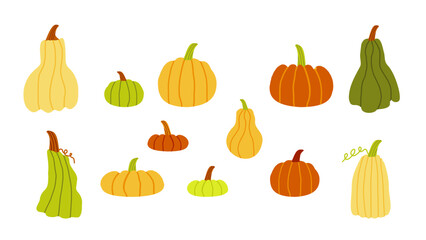 Cozy October set with pumpkins for the holiday. Cute pumpkins, harvest for autumn holidays, Vector hand-drawn illustrations in flat doodle style